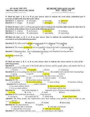 Đề thi thử THPT Quốc gia môn Tiếng Anh năm 2017 - Trường THPT Phan Chu Trinh (Kèm đáp án)